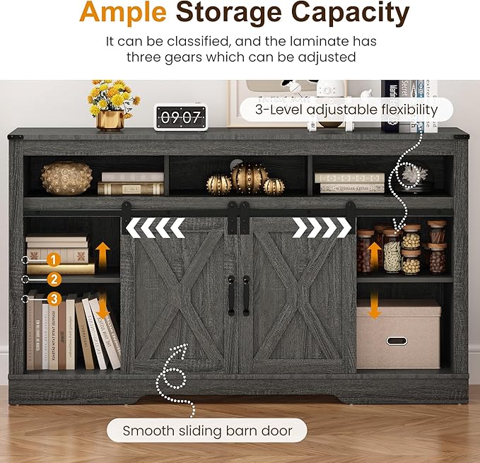 RoyalCraft Farmhouse Fireplace TV Stand for 65+ Inch TV, Entertainment Center with 23" Electric Fireplace with Remote, 34 Tall Modern Rustic TV Console with Sliding Bar Door for Living Room, Dark Grey