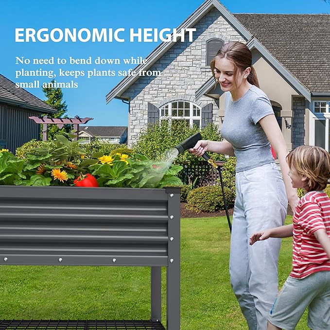 MUPATER Galvanized Steel Raised Garden Bed, 47.8" L x 23.5" W x 33.5" H Large Metal Elevated Raised Planter Box with Rolling Casters & Extra Bottom Shelf for Backyard, Patio, Balcony, Gray