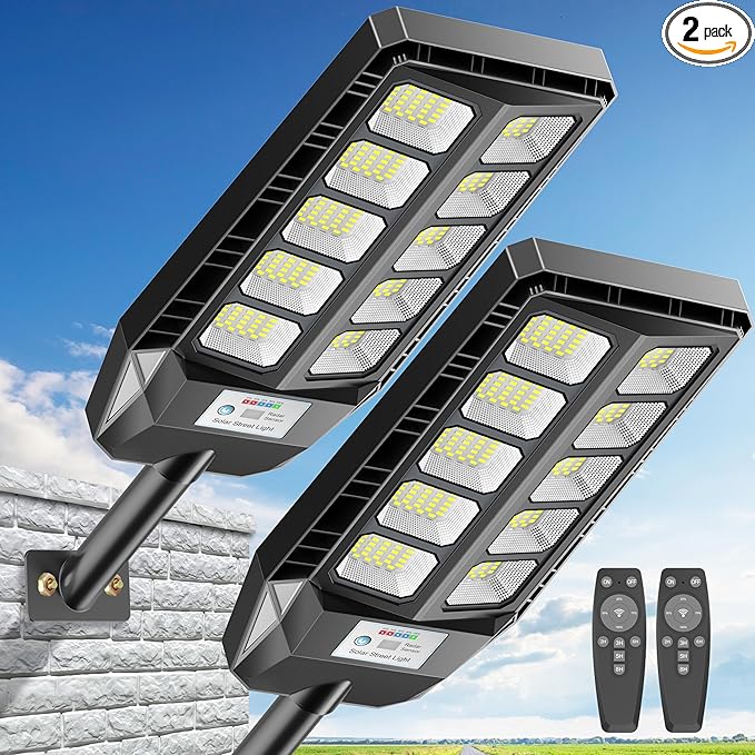 Solar Lights Outdoor, IP66 Waterproof Street Lights Outdoor, 6500K Dusk to Dawn Solar Security Flood Lights Motion Sensor with Remote Control for Yard, Entryway Garage, Porch 2 Pack