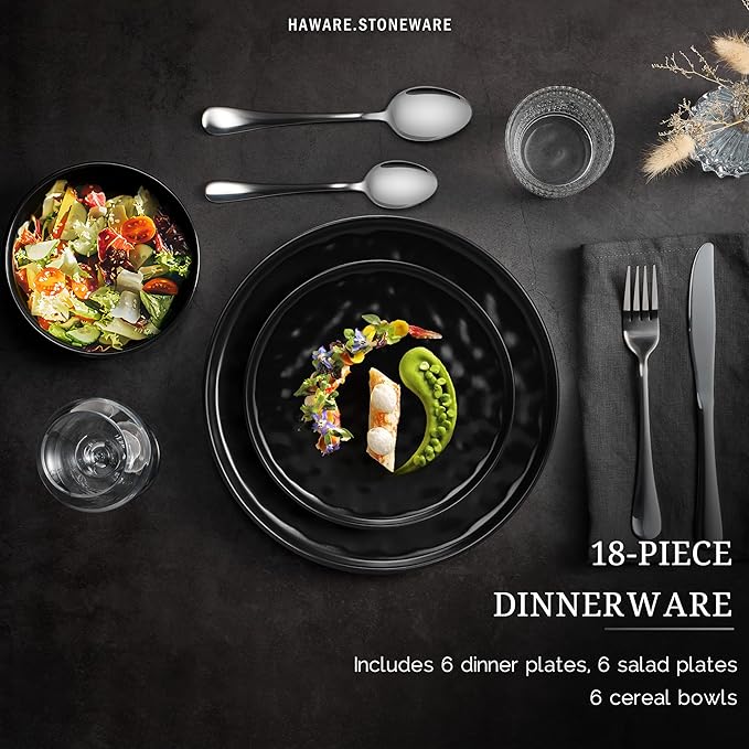 HaWare Dinnerware Sets, 18-Piece Plates and Bowls Set, Stoneware Dish Set for 6, Ceramic Dinnerware for Home Restaurant, Chip and Scratch Resistant, Microwave and Dishwasher Safe, Matte Black
