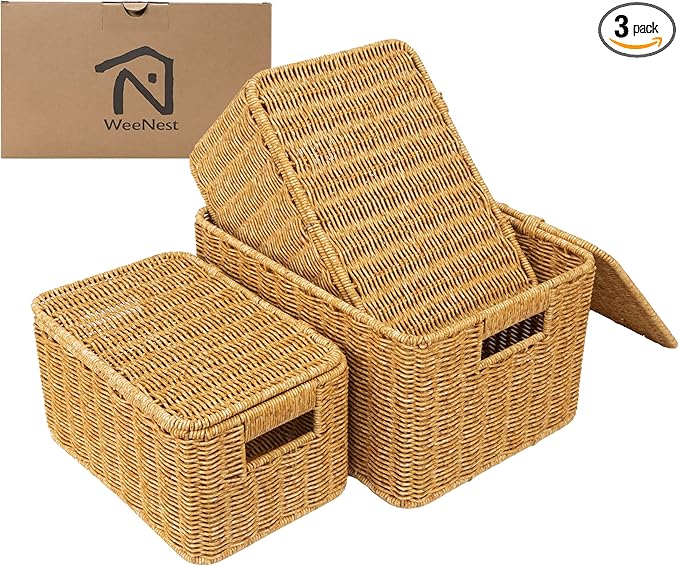 Baskets with Handles, Wicker Storage, Shelf Boxes for Organizing, Stackable Woven Bins, Decorative Lidded Resin, Set of 3, Amber