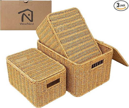 Baskets with Handles, Wicker Storage, Shelf Boxes for Organizing, Stackable Woven Bins, Decorative Lidded Resin, Set of 3, Amber