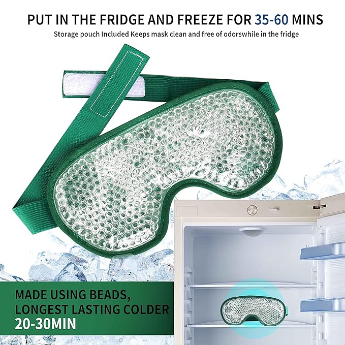 Cooling Eye Mask with Gel Bead, Reusable Cold Compress Ice Pack Sleeping Eye Cooling Pads for After Eyelid Surgery, Puffiness, Puffy Eyes, Headache, Migraine Relief(Dark Green)