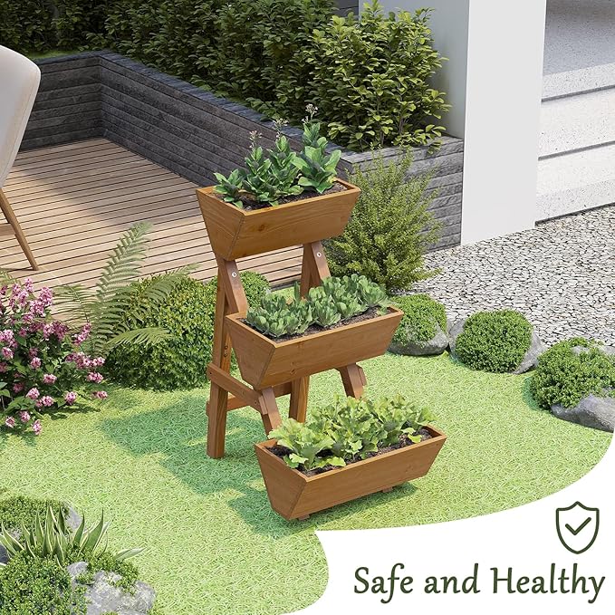 3-Tier Wooden Vertical Raised Garden Bed with Legs, Tiered Planter Box, Vertical Garden Planter,Wood Plant Stand Wood Flower Rack for Patio, Balcony, Freestanding. (Brown-Small)
