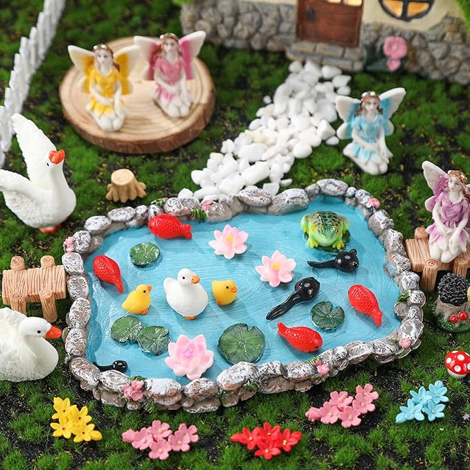 Roowest 57 Pcs Solar Fairy House Garden Accessories Light up Mushroom House Resin Fairy Figures Garden Kit Resin Miniature Fish Pond Figures Micro Landscape Outdoor Decoration