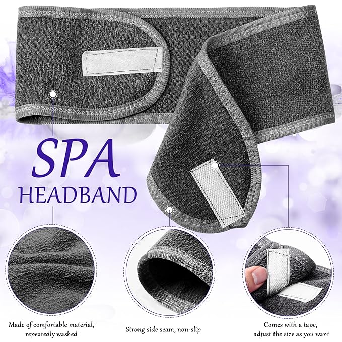 Hoteam 30 Pack Spa Headband Facial Esthetician Hair Wrap for Women Adjustable Makeup Sports Shower Stretch Towel with Tape(Silver Gray)