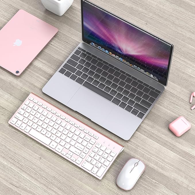 Wireless Keyboard Mouse, JOYACCESS 2.4G Compact and Ultra Slim Wireless Keyboard and Mouse for Windows, Computer, Desktop, PC, Laptop (Pink)