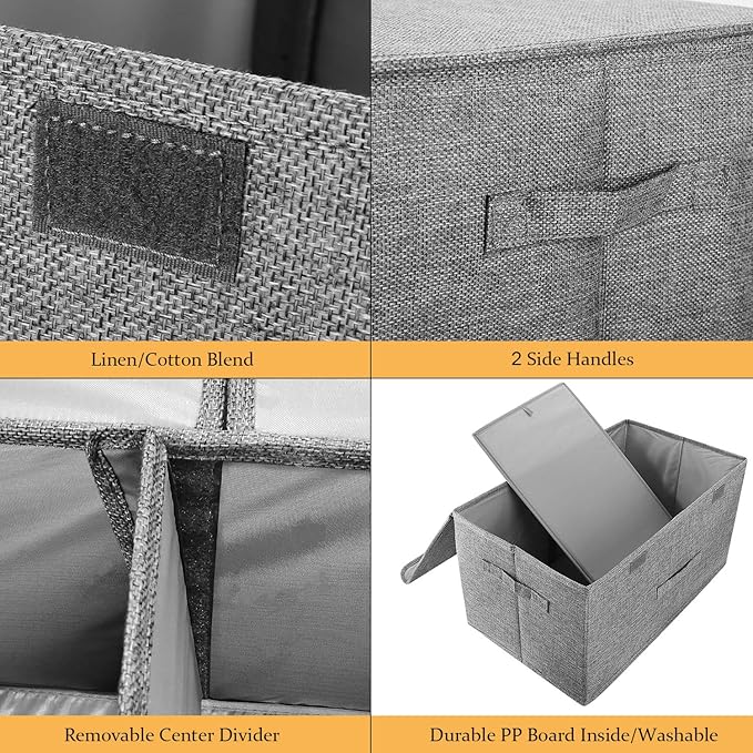 2 Pack Storage Boxes with Lids and Handles, Collapsible Linen Storage Bins Organizer Containers Baskets Cube with Removable Divider for Home Bedroom Closet Office (Coffee, Small)