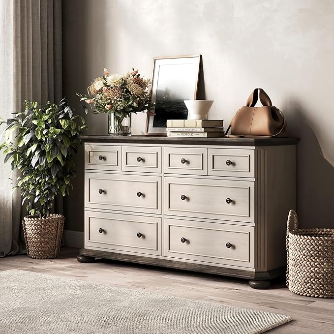 BELLEZE 31" Drawer Dresser Chest with 6 Drawers, Rustic Wooden Bedside Storage Cabinet Farmhouse Clothes Organizer for Bedroom or Living Room, Antique White