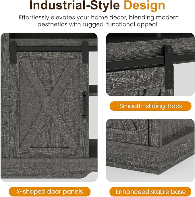 RoyalCraft Farmhouse Fireplace TV Stand for 65+ Inch TV, Entertainment Center with 23" Electric Fireplace with Remote, 34 Tall Modern Rustic TV Console with Sliding Bar Door for Living Room, Dark Grey