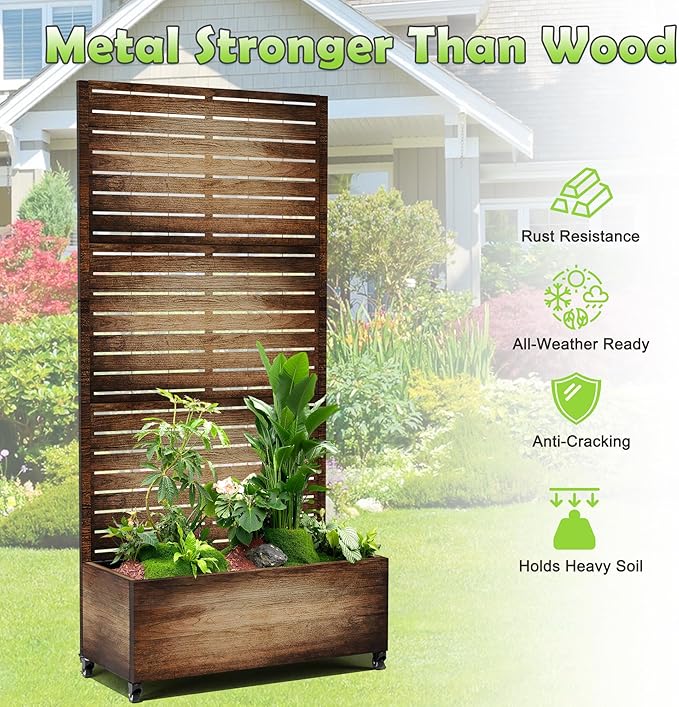 15.7"×70.9"×35.4" Metal Raised Garden Bed with Trellis and Wheels - Tall Trellis Planter Box for Climbing Plants, Vegetables & Vines - Outdoor Privacy Planters for Patio (Vintage Wood Grain)