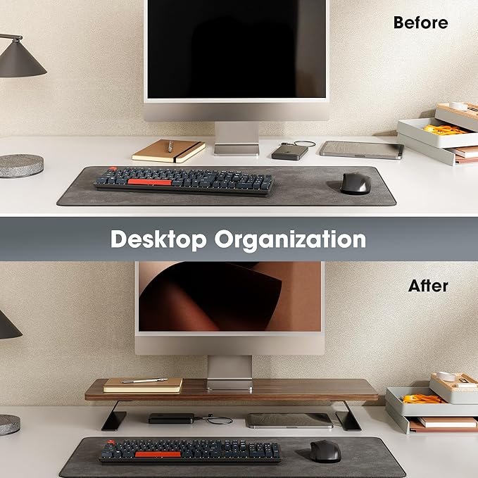 Fenge Monitor Stand Riser, Desk Top Shelf for 2 Monitors, Computer Stands for Desk, Wood & Steel Desktop Riser for Laptop, PC, Printer