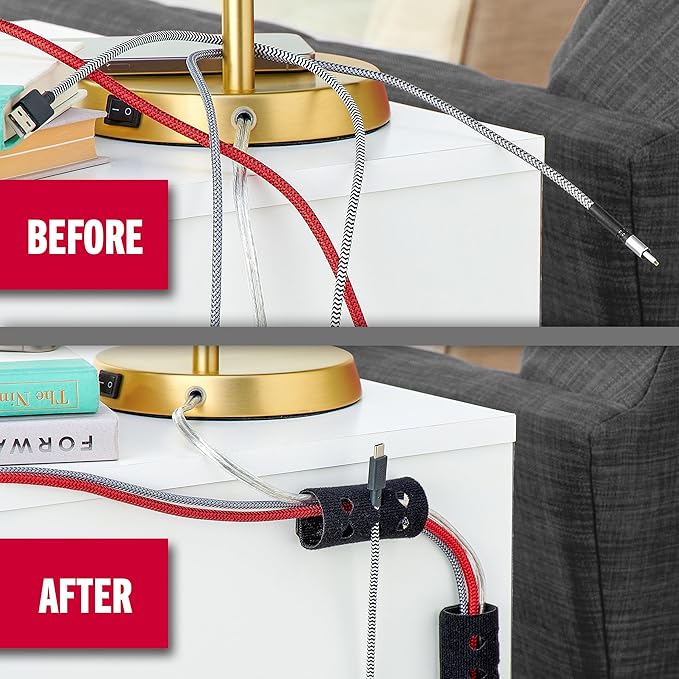 VELCRO Brand Cord Organizer for Desk & Nightstand, 5 Cable Slots with Sleeve Routing, Adhesive Wire Holder for Cord Management, Home, Workshop, Gaming & Office Essentials, Black 2 Pack