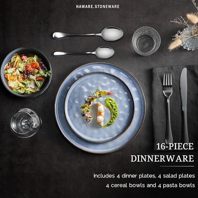 HaWare Dinnerware Sets, 16-Piece Plates and Bowls Set, Stoneware Dish Set for 4, Ceramic Dishware Set for Pasta Cereal, Chip and Scratch Resistant, Microwave and Dishwasher Safe, Reactive Blue