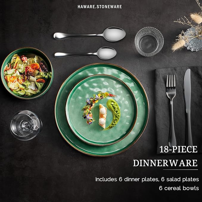 HaWare Dinnerware Sets, 18-Piece Plates and Bowls Set, Stoneware Dish Set for 6, Ceramic Dinnerware for Home Restaurant, Chip and Scratch Resistant, Microwave and Dishwasher Safe, Reactive Green