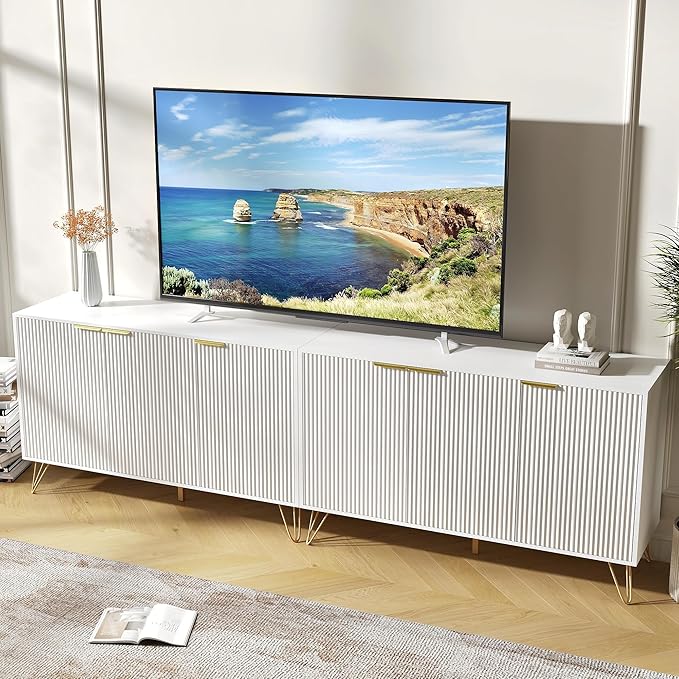 TV Stand for 90 inch TV Modern Entertainment Center Cabinet with 6 Doors Wood Media Console Storage Cabinets for Living Room Bedroom, White