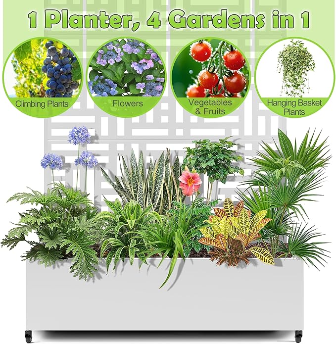 15.7"×70.9"×47.2" Metal Raised Garden Bed with Trellis and Wheels - Tall Trellis Planter Box for Climbing Plants, Vegetables & Vines - Outdoor Privacy Planters for Patio (White-Helen)