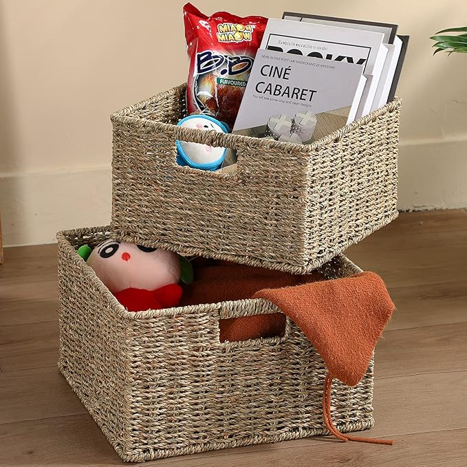 HOONEX Wicker Storage Baskets for Organizing, Decorative Woven Seagrass Baskets for Storage with Carrying Handles, Set of 2, Natural