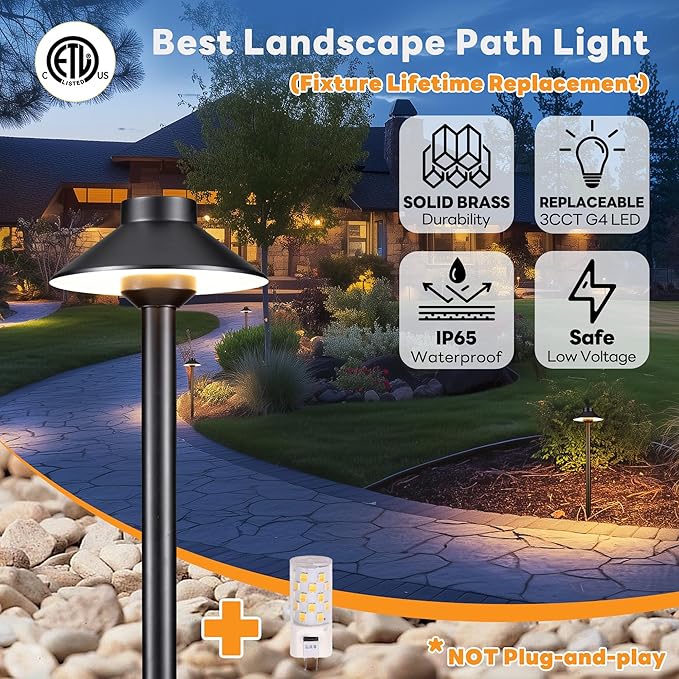 Low Voltage Landscape Lighting Brass, Warm & Neutral White Adjustable 12v Pathway Lights Waterproof, Black Path Light for Outdoor Exterior Area Patio House with 3W 270LM G4 Bulb (6 Pack)