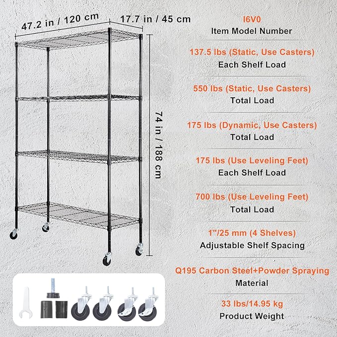 VEVOR Storage Shelving Unit, 4-Tier Adjustable Storage Shelves, 48" L x 18" W x 74" H Garage Storage Shelves, Metal Shelves with Wheels for Kitchen Pantry Basement Bathroom Laundry