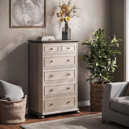BELLEZE 48" Drawer Dresser Chest with 5 Drawers, Rustic Tall Wooden Bedside Storage Cabinet Farmhouse Clothes Organizer for Bedroom or Living Room, Antique White