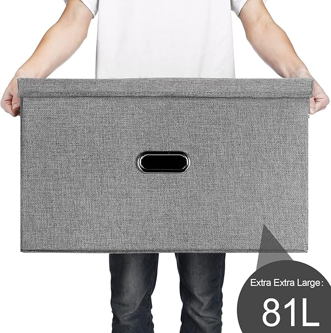 Large Linen Fabric Foldable Storage Bins with Removable Lid and Handles, Washable Storage Box Organizer Containers Baskets Cube with Cover for Bedroom,Office(Green, XXL)