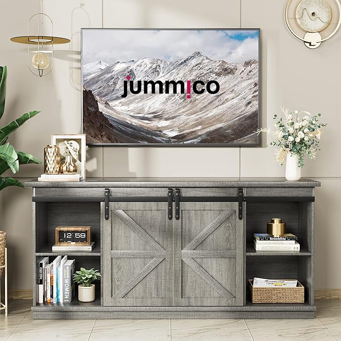 JUMMICO TV Stand for 65 Inch TV, Entertainment Center with Storage Cabinets and Sliding Barn Doors, Mid Century Modern Media TV Console Table for Living Room Bedroom (Pale Gray)