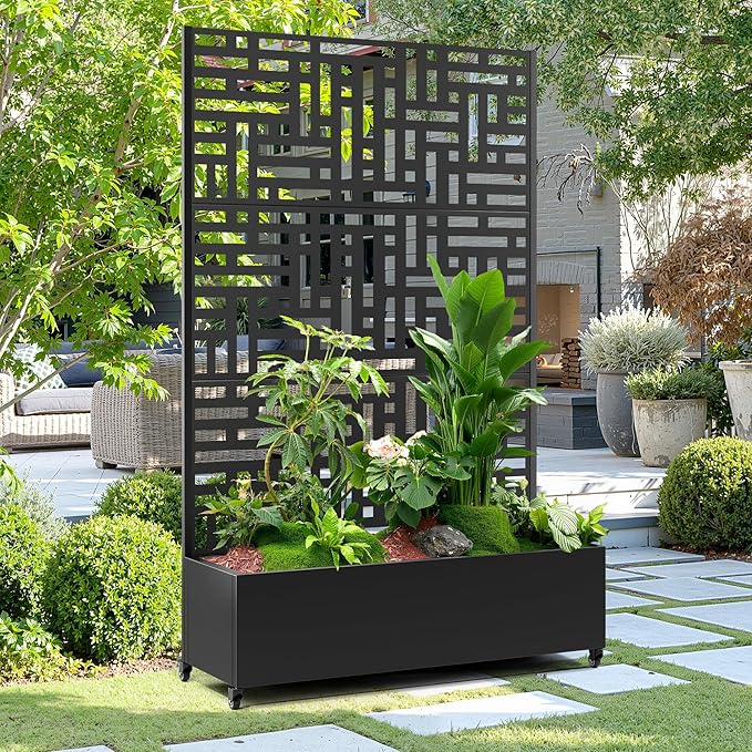 15.7"×70.9"×47.2" Metal Raised Garden Bed with Trellis and Wheels - Tall Trellis Planter Box for Climbing Plants, Vegetables & Vines - Outdoor Privacy Planters for Patio (Black-Helen)