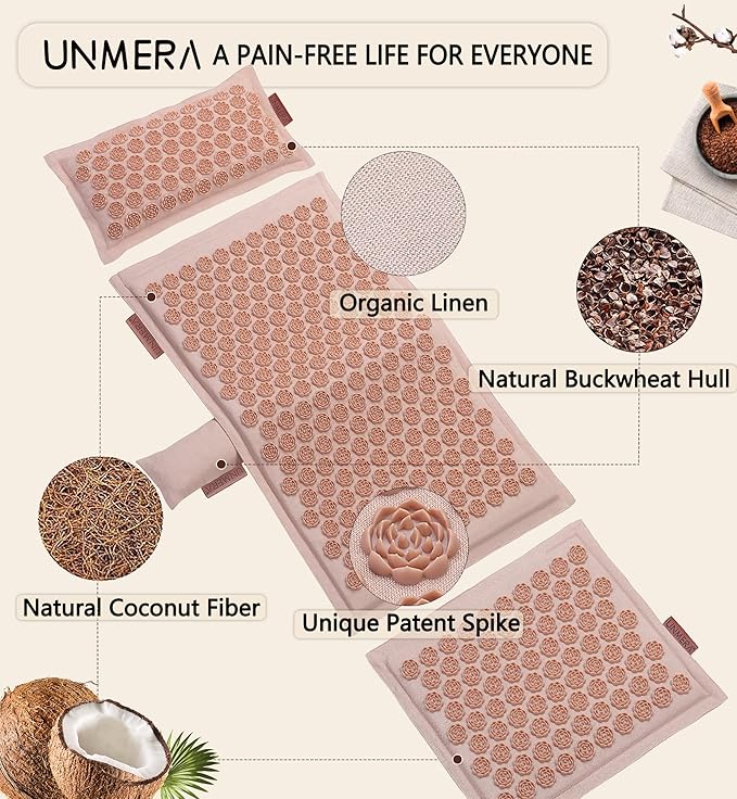 UNMERA Acupressure Mat and Pillow Set,Natural Premium Linen & Coconut Fiber Filling,for Back/Neck Pain Relief, Sciatic, Headache and Muscle Relaxation, Comes with Carrying Bag