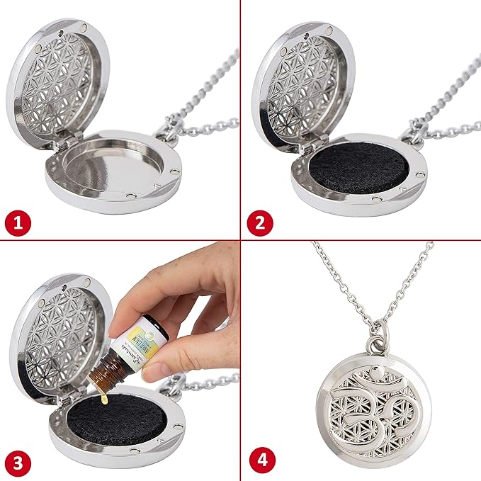 Wild Essentials Pewter Aum Essential Oil Diffuser Necklace Gift Set with Inner Calm & Relax Oils – Nickel Free Alloy Pendant with 12 Color Pads – USA Made Oils & Perfume Necklace – Family Company