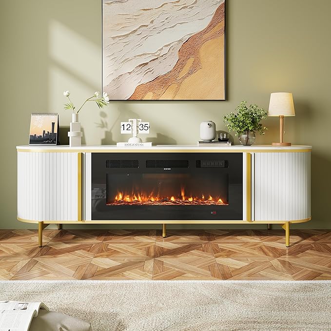 Luxury 70" Fluted Fireplace TV Stand, Modern Chic Entertainment Center for TVs Up to 80", TV Console for Living Room, White Media Cabinet with Storage,70 Inch