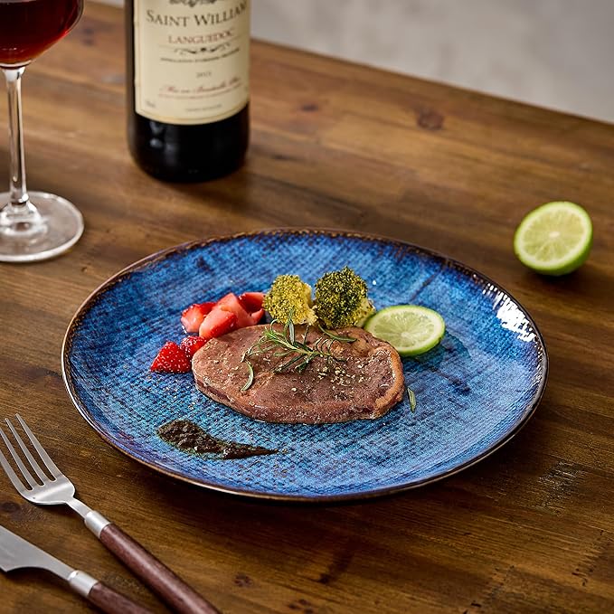 Ceramic Dinner Plates Set of 4, 10 Inch Porcelain Pasta and Salad Plates, Handmade Stoneware Plate Set for 4, Round Dishes for Home Decor, Microwave,Oven,and Dishwasher Safe, Blue