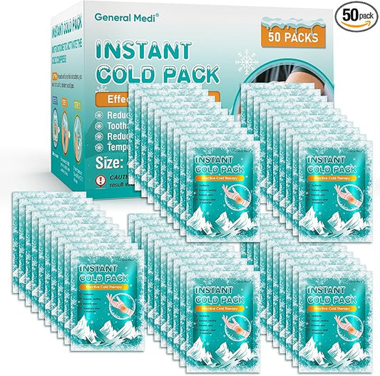 General Medi Instant Ice Cold Pack (4”x 5.5”) – 50 Packs Disposable Cold Therapy Ice Packs for Pain Relief, Swelling, Inflammation, Sprains, Toothache – for Athletes & Outdoor Activities