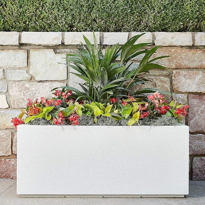 PolyStone Milan Tall Modern Outdoor/Indoor Rectangular Trough Planter, 46" L X 17" W X 19" H, Lightweight, Heavy Duty, Weather Resistant, Polymer Finish, Commercial and Residential (White)