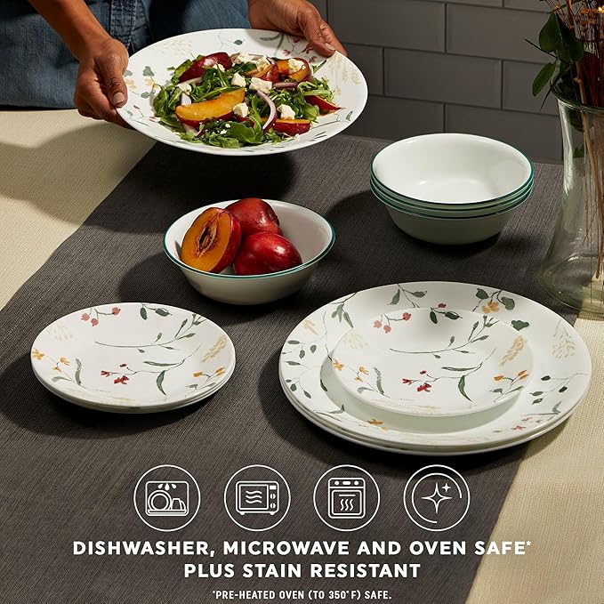 Corelle Vitrelle 18 Piece Glass Dinnerware Sets Service for 6, Triple Layer Chip & Crack Resistant Glass Plate and Bowl Sets, Wildflower