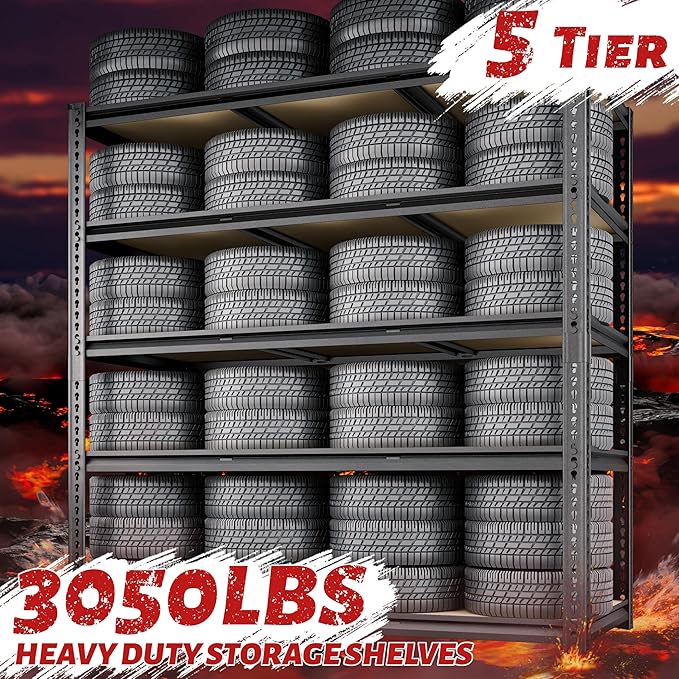 48"W Garage Shelving, 3050LBS Storage Shelves heavy duty, 5 Tier Metal Shelving Unit Adjustable Garage Shelves Heavy Duty Shelving for Warehouse,Commercial, Kitchen, 48" W × 24" D × 72" H, Black，2PCS