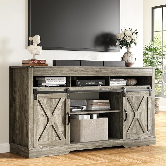 RoyalCraft TV Stand for 65+ Inch TV: Farmhouse Entertainment Center with Storage, Wood TV Console Cabinets with Sliding Barn Door, Tall Media with Adjustable Shelves for Living Room, Light Grey