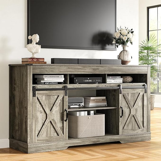 RoyalCraft TV Stand for 65+ Inch TV: Farmhouse Entertainment Center with Storage, Wood TV Console Cabinets with Sliding Barn Door, Tall Media with Adjustable Shelves for Living Room, Light Grey