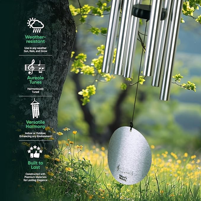 Nature’s Melody Aureole Tunes Wind Chimes – Outdoor Windchime with 6 Tubes Tuned to B Pentatonic Scale, 100% Rustproof Aluminum, Powder Finish & S Hook Hanger for Sympathy, Memorial Gift or Zen Garden