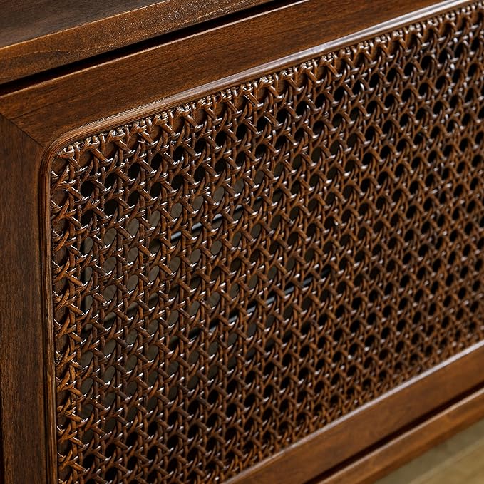 LKTART 59 inch Mid Century Modern TV Stand with Rattan Cabinet Doors, Boho Entertainment Center for 55/60/65 inch TVS, Media Console for Living Room/Bedroom, Dark Walnut