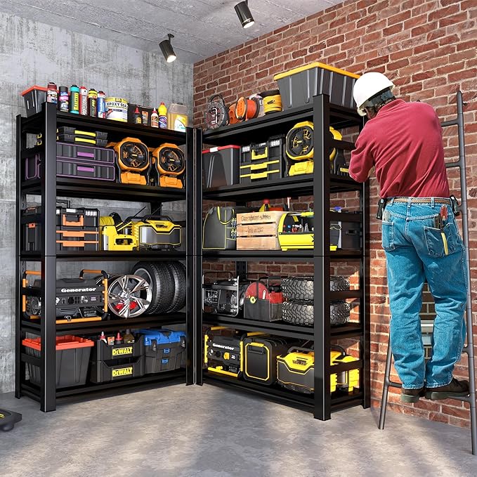 2500lb Capacity Heavy Duty Industrial Shelves | 5-Tier Steel Storage Rack | Adjustable Garage, Warehouse, Workshop Shelving | 63" H x 39.4" W x 17.7" D | Black