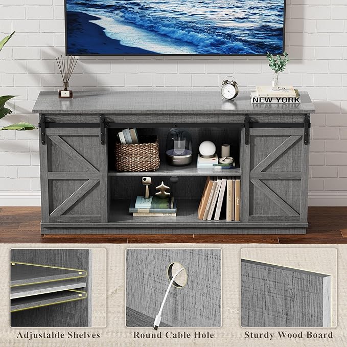YESHOMY TV Stand for Televisions up to 65 Inches, with Sliding Barn Doors and Storage Cabinets, Console Table and Media Furniture for Living Room, 58 Inch, Gray