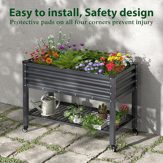 MUPATER Galvanized Steel Raised Garden Bed, 47.8" L x 23.5" W x 33.5" H Large Metal Elevated Raised Planter Box with Rolling Casters & Extra Bottom Shelf for Backyard, Patio, Balcony, Gray