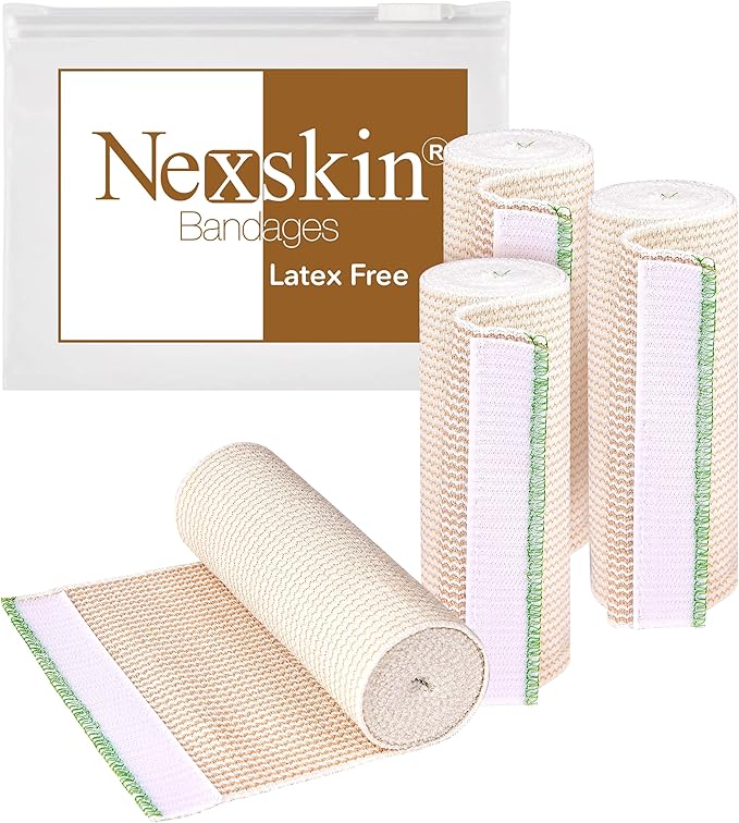 Premium Elastic Bandage Wrap (6” Wide, 4 Pack) - Nexskin Latex Free Athletic/Medical Compression Bandages Hook & Loop Fasteners at Both Ends - Lifetime Washable & Reusable Bandages