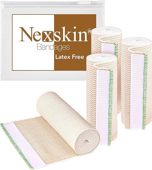 Premium Elastic Bandage Wrap (6” Wide, 4 Pack) - Nexskin Latex Free Athletic/Medical Compression Bandages Hook & Loop Fasteners at Both Ends - Lifetime Washable & Reusable Bandages