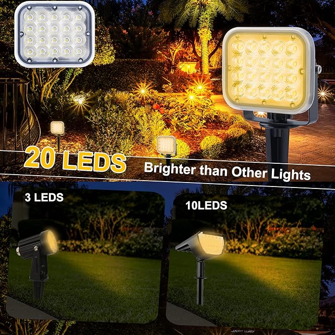 Solar Spot Lights Outdoor, 20 LED IP65 Waterproof Landscape Lighting, Dusk-to-Dawn 3000K Warm White Solar Outdoor Lights for Yard Garden Driveway Porch Walkway, 2-in-1