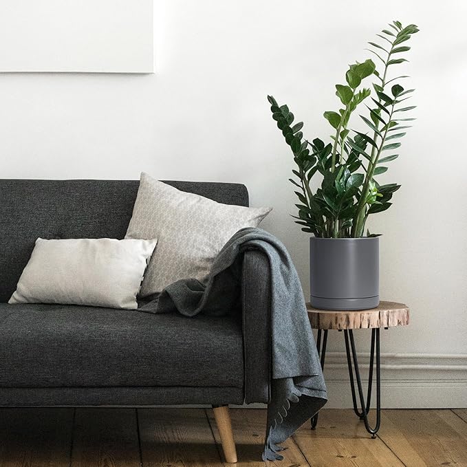 D'vine Dev 4 Inch & 6 Inch & 8 Inch, Set of 3 Round Ceramic Planter Pot with Drainage Hole and Saucer, Grey, 94-T-M-3