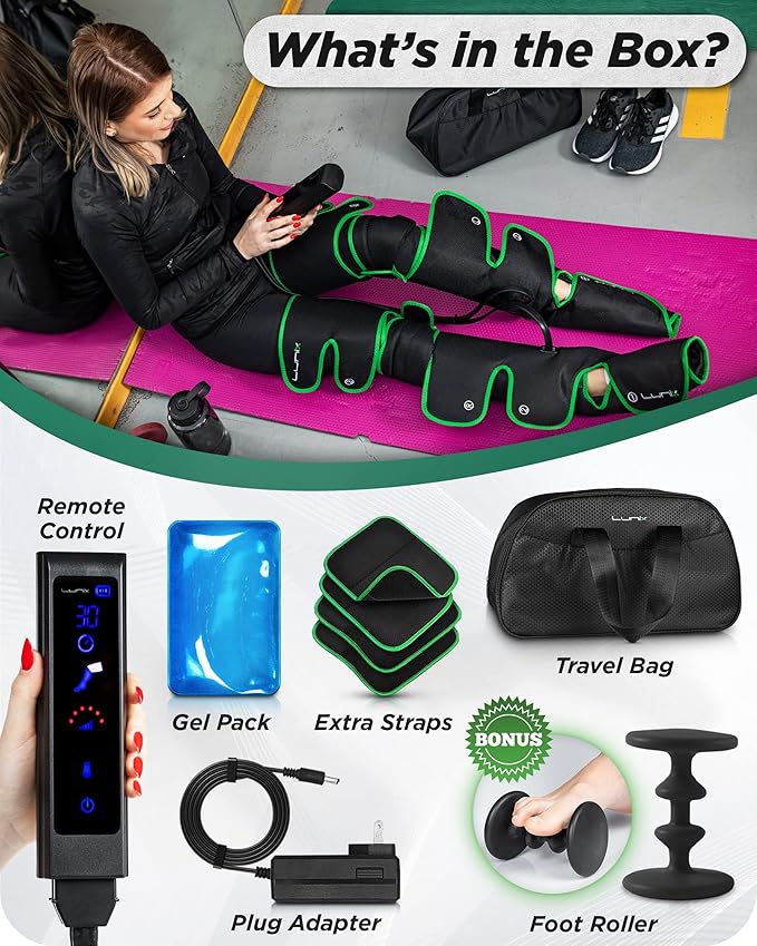Lunix LX10 Foot, Calf, Leg Air Compression Massager Machine, Cordless and Rechargeable Thigh and Knee Boots Device with Heat for Circulation, Recovery, and Pain Relief, Green