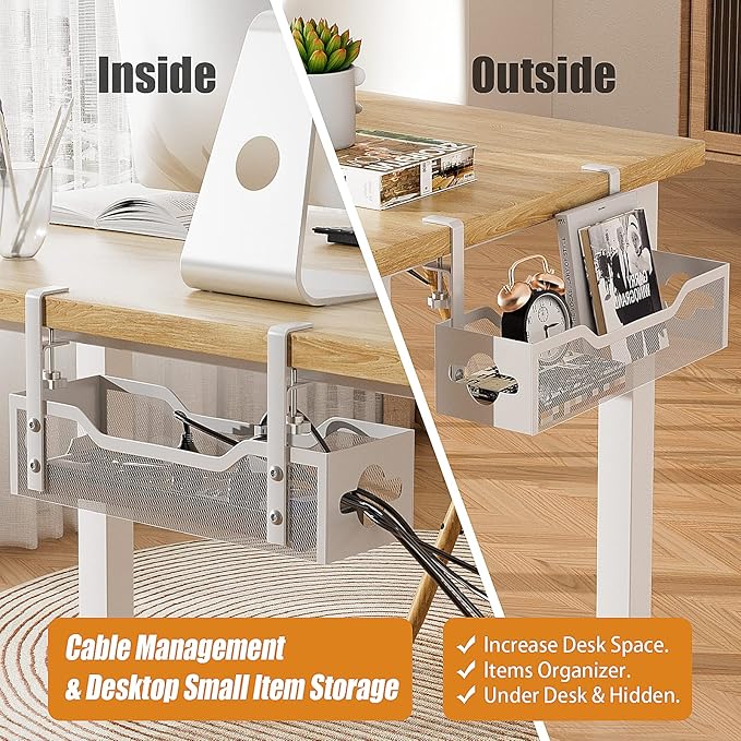 Under Desk Cable Management Tray 13.38", Quszmd Cable Organizer No Drill, Standing Cord Organizer and Wire Management Tray - No Damage to Desk, White