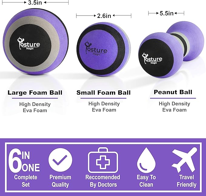 Posture Magic Massage Ball Kit for Myofascial Trigger Point Release & Deep Tissue Massage - Set of 6 - Large Foam/Small Foam/Lacrosse/Peanut/Spiky/Hand Exercise Ball (Purple)